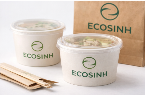 Combo bát giấy ECOSINH có nắp kín và túi giấy dùng cho phở mang đ