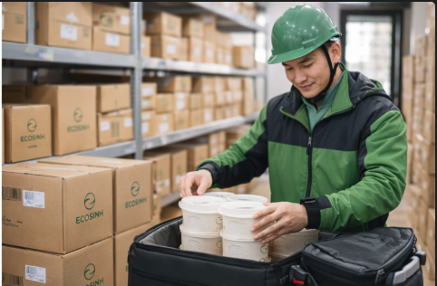 Kho bao bì ECOSINH tại Hà Nội, nhân viên đang chuẩn bị đơn giao nhanh cho quán phở